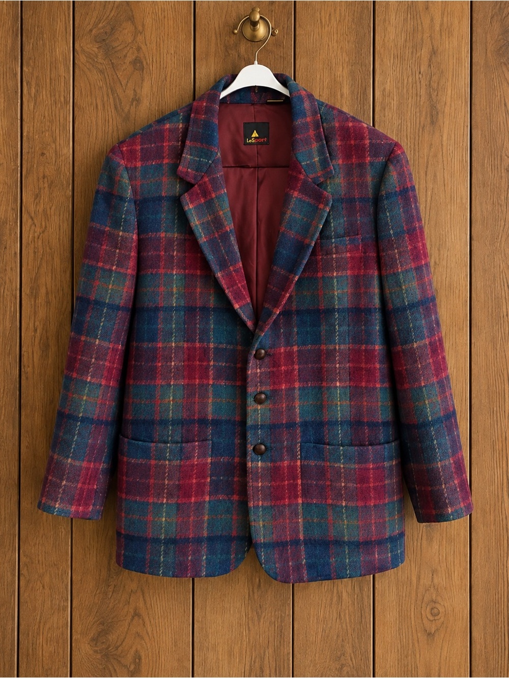 Women’s Lizsport Plaid Blazer Jacket Teal Burgundy Red Tartan Vintage Preppy M